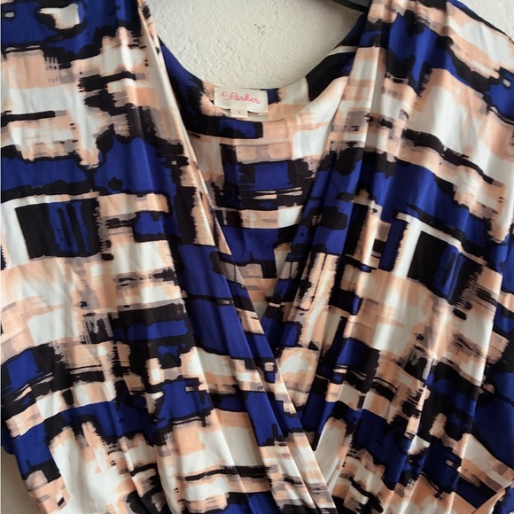 Parker Blouson Catalina Dress Stretch Drape Faux Wrap Watercolor Dolman Sleeve S - Picture 7 of 16